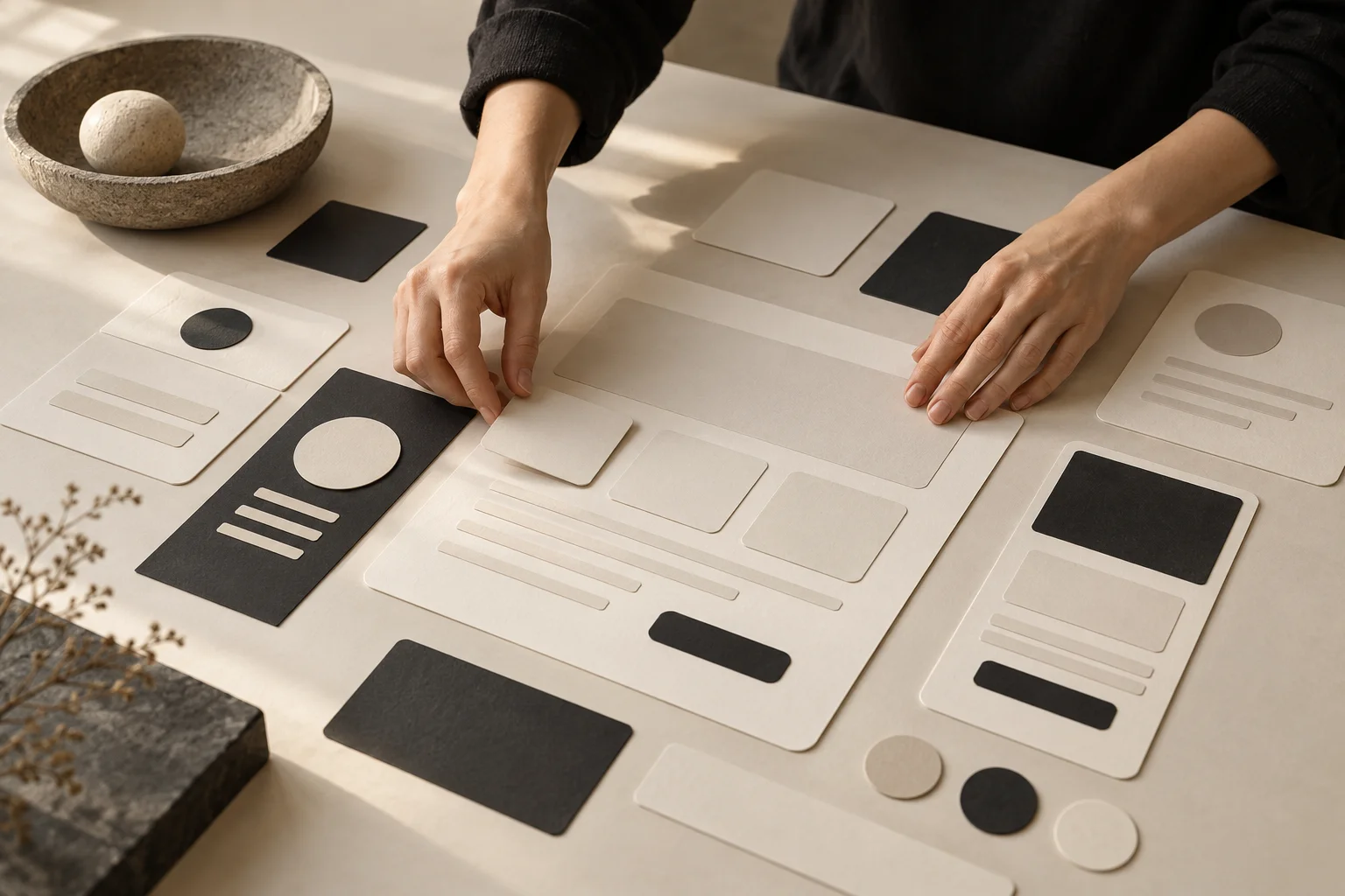 Hands arranging paper interface modules