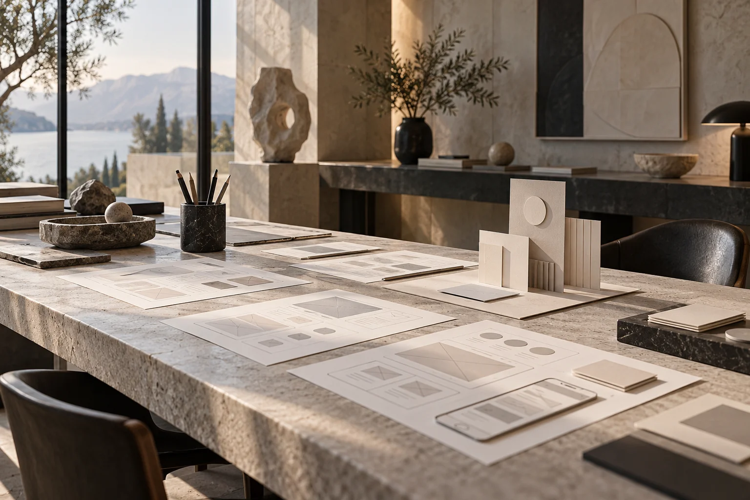 Quiet design studio with paper interface studies on a long desk