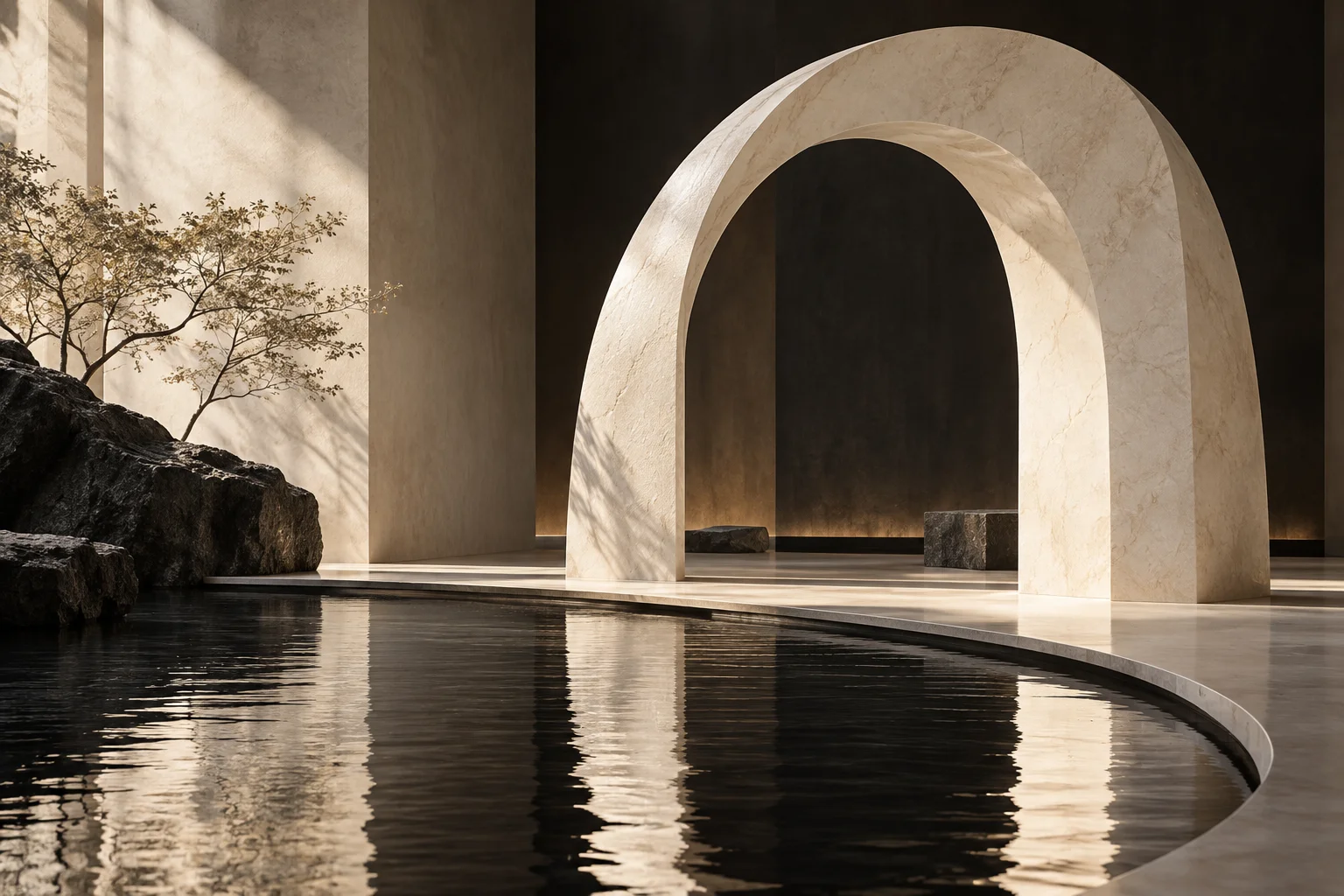 An ivory arch reflected in still dark water