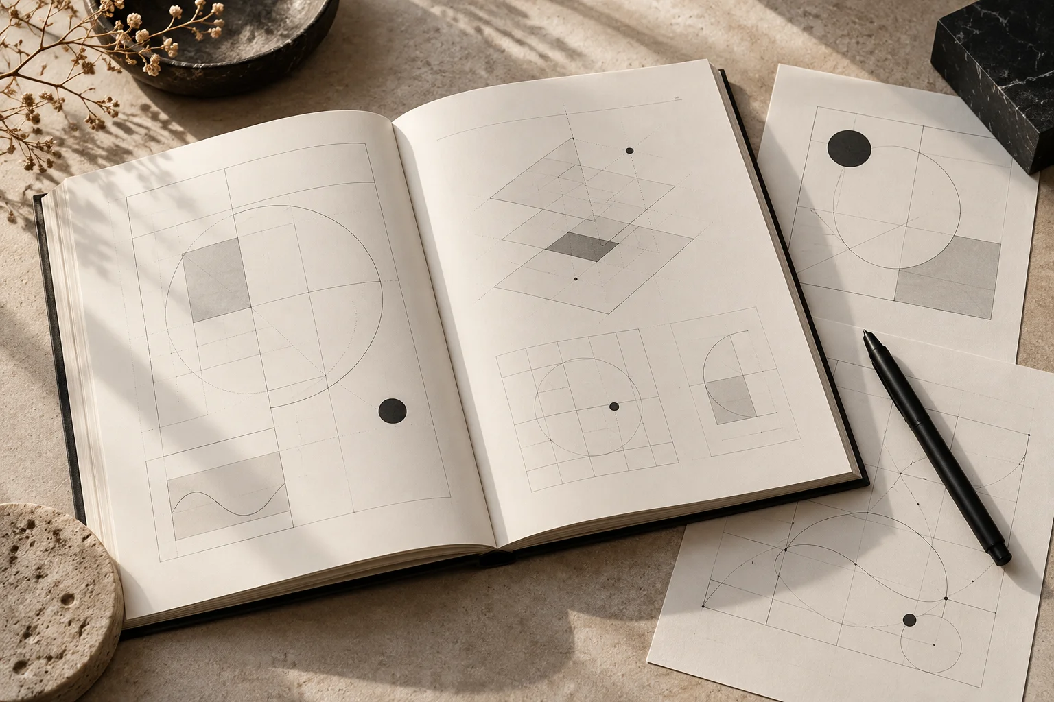 An editorial still life of workbook pages and a pen